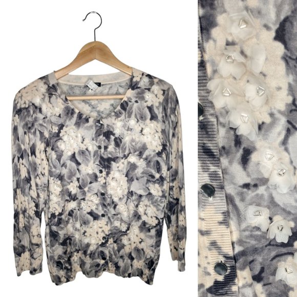 Silk Blend Cardigan w/ 3-D Floral Detail and Beading Watercolor Floral Size M - Picture 1 of 12